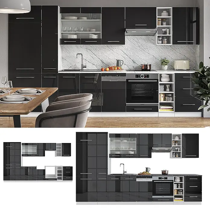 Vicco Küchenzeile Fame-Line Anthrazit Hochglanz/Weiß, AP Eiche - Breite: 355 cm, Anthrazit Hochglanz, Ohne Elektrogeräte - Moderne hochglanzschwarze Küchenschränke mit integrierten Geräten und hellen Arbeitsplatten.