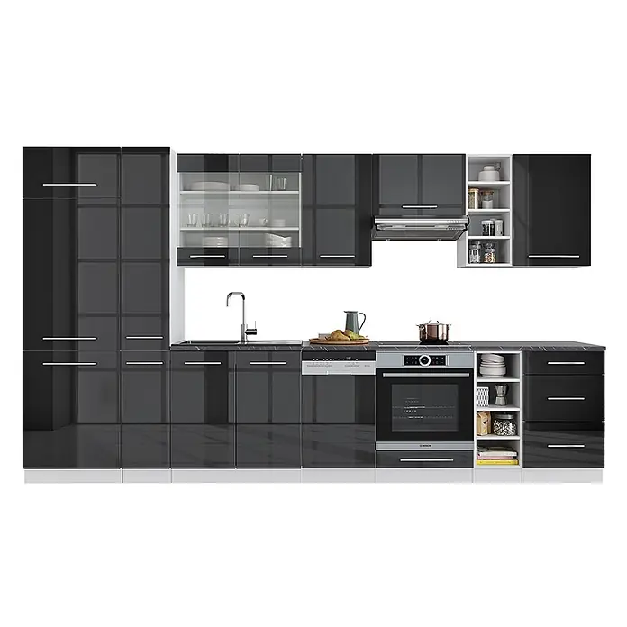 Vicco Küchenzeile Fame-Line Anthrazit Hochglanz/Weiß, AP Eiche - Breite: 355 cm, Anthrazit Hochglanz, Ohne Elektrogeräte - Glänzende schwarze Modulküche mit integrierten Geräten, dunkler Marmorarbeitsplatte und offenem Stauraum.