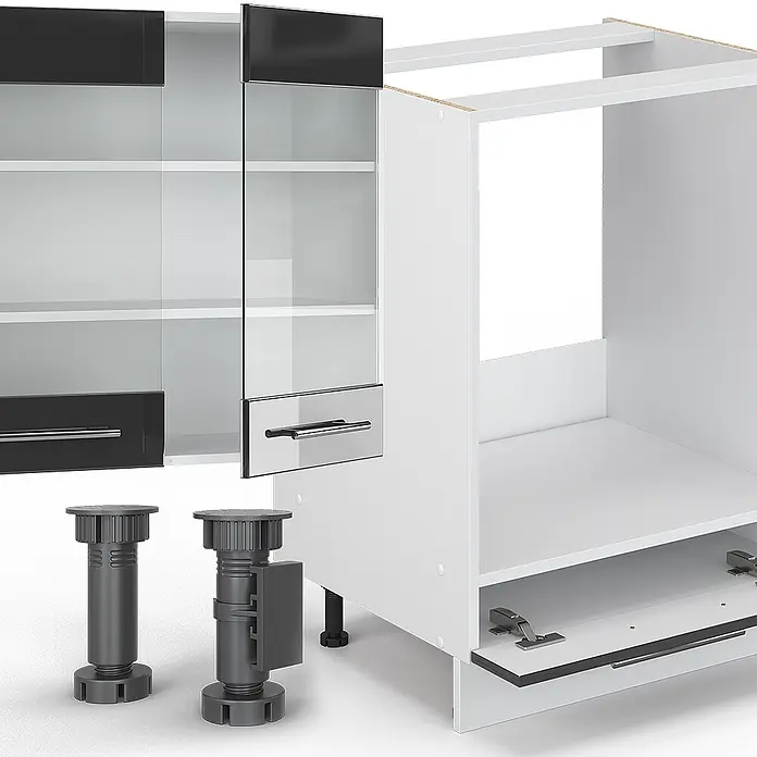 Vicco Küchenzeile Fame-Line Anthrazit Hochglanz/Weiß, AP Eiche - Breite: 355 cm, Anthrazit Hochglanz, Ohne Elektrogeräte - Weiße Küchenschrankteile: Wandschränke mit Glas, schwarz/silbernen Fronten und ein Unterschrankkorpus mit verstellbaren dunkelgrauen Füßen.