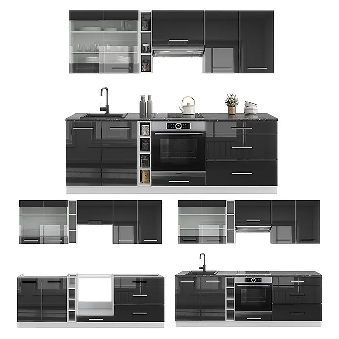 Vicco Küchenzeile Fame-Line Anthrazit Hochglanz/Weiß, AP Eiche - Breite: 235 cm, Anthrazit Hochglanz, Ohne Elektrogeräte - Glänzende schwarze modulare Küchenschränke mit integriertem Backofen und Spüle.