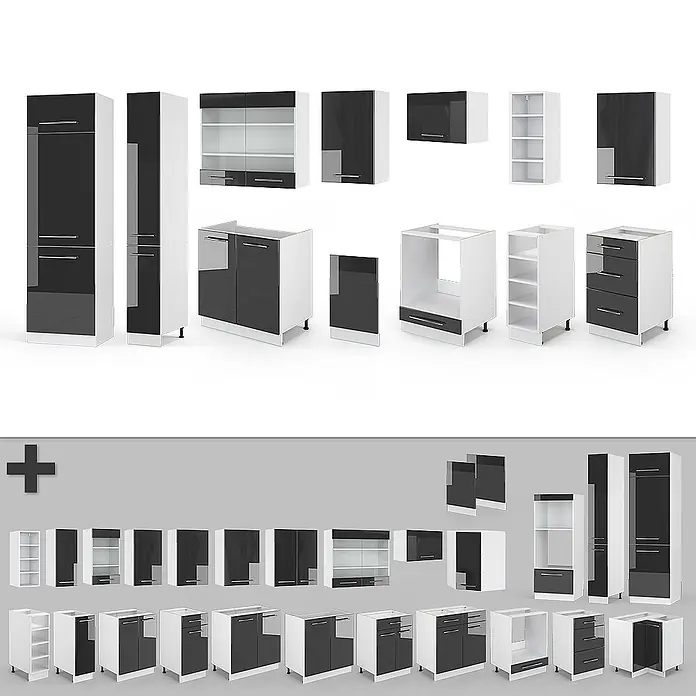Vicco Küchenzeile Fame-Line Anthrazit Hochglanz/Weiß, AP Eiche - Breite: 355 cm, Anthrazit Hochglanz, Ohne Elektrogeräte - Modulares Küchenschrank-Set: weiße Korpusse mit schwarzen/dunkelgrauen Türen, Schubladen und Glasfronten. Verschiedene Hoch-, Unter- und Hängeschränke.