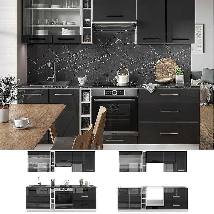 Vicco Küchenzeile Fame-Line Anthrazit Hochglanz/Weiß, AP Eiche - Breite: 235 cm, Anthrazit Hochglanz, Ohne Elektrogeräte - Schwarze Hochglanz-Küchenzeile mit Marmor-Arbeitsplatte und -Rückwand, Unterschränken, Hängeschränken, integriertem Backofen und Spüle.