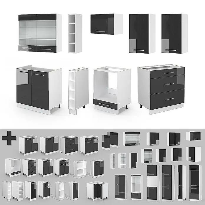 Vicco Küchenzeile Fame-Line Anthrazit Hochglanz/Weiß, AP Eiche - Breite: 235 cm, Anthrazit Hochglanz, Ohne Elektrogeräte - Modulare schwarz-weiße Küchenschränke, inklusive Wand-, Unter- und Schubladenschränke, mit offenen Regalen.
