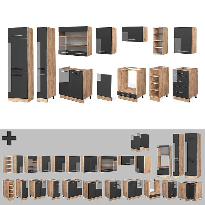 Vicco Küchenzeile Fame-Line Anthrazit Hochglanz/Goldkraft Eiche, AP Eiche - Breite: 355 cm, Anthrazit Hochglanz, Ohne Elektrogeräte - Modulares Küchenschrank-Set in Eichendekor und Dunkelgrau mit verschiedenen Hoch-, Wand- und Unterschränken, teils mit Glastüren.