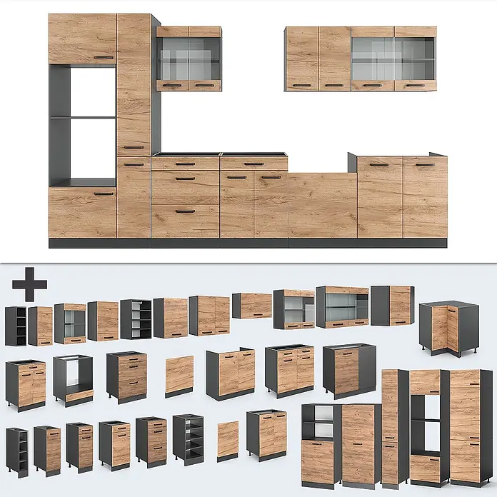 Vicco Küchenzeile R-Line, Goldkraft Eiche/Anthrazit, 350 cm -  - Modulare Küchenschränke mit Holzmaserungsfronten und dunkelgrauen Rahmen, mit verschiedenen Unter- und Oberschränken.