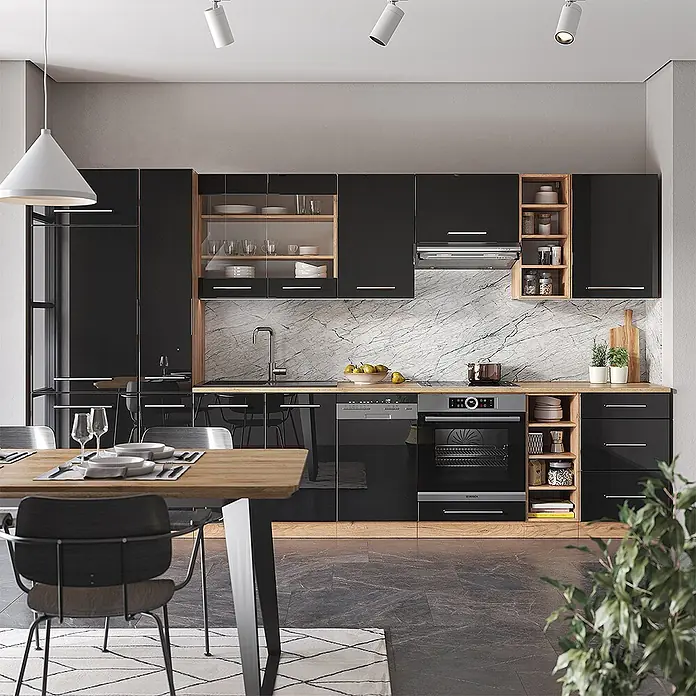 Vicco Küchenzeile Fame-Line Anthrazit Hochglanz/Goldkraft Eiche ohne Arbeitsplatte - Anthrazit Hochglanz, Ohne Elektrogeräte - Moderne Küche mit hochglänzenden schwarzen Schränken, Holz-Arbeitsplatten, integrierten Geräten und Essbereich.