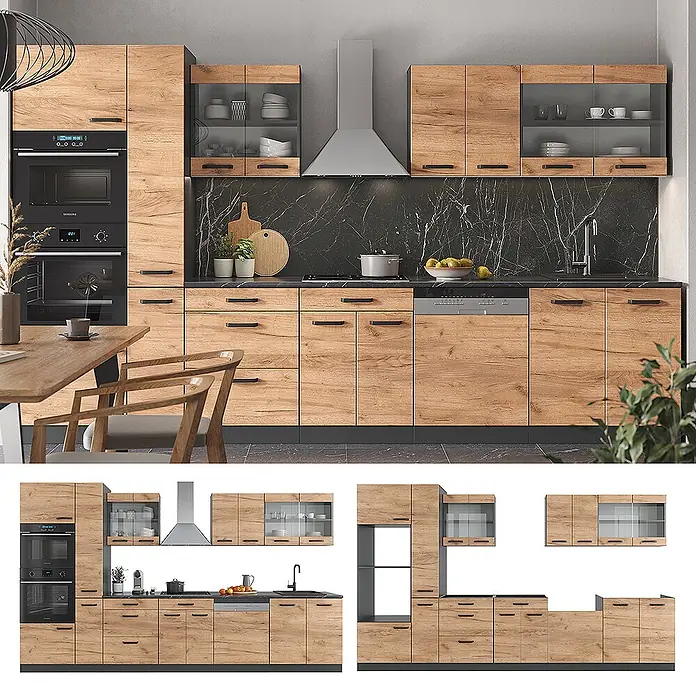Vicco Küchenzeile R-Line, Goldkraft Eiche/Anthrazit, 350 cm -  - Komplette moderne Küchenzeile: helle Holzoptik-Schränke, dunkle Griffe, schwarze Arbeitsplatte, integrierte Geräte und viel Stauraum.