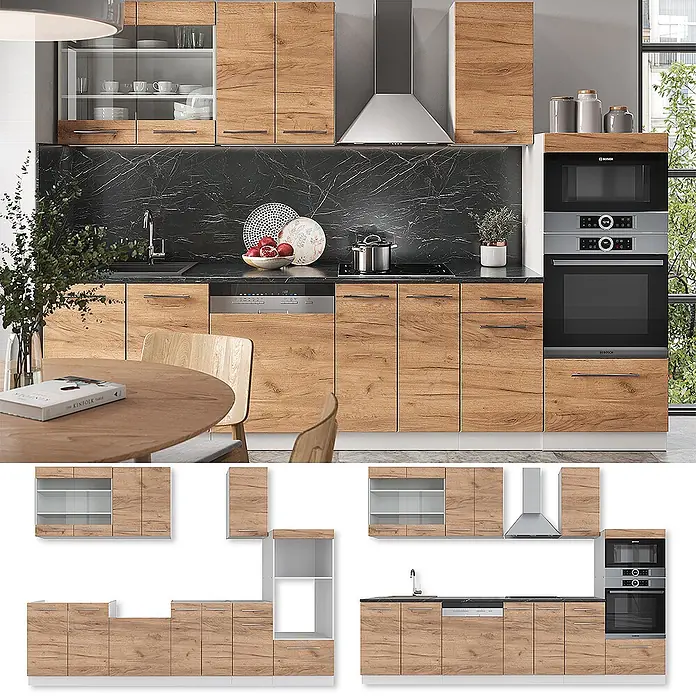 Vicco Küchenzeile Fame-Line Goldkraft Eiche/Weiß mit Hochschrank, AP Marmor - Breite: 300 cm, Goldkraft Eiche, Ohne Elektrogeräte - Modulare Küchenschränke in Eiche-Optik mit integrierten Geräten und schwarzer Marmor-Effekt-Rückwand.