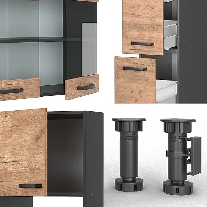 Vicco Küchenzeile R-Line, Goldkraft Eiche/Anthrazit, 350 cm -  - Modulare schwarze und holzfarbene Schranksystemteile mit Türen, Schubladen, Glas und verstellbaren schwarzen Möbelfüßen.