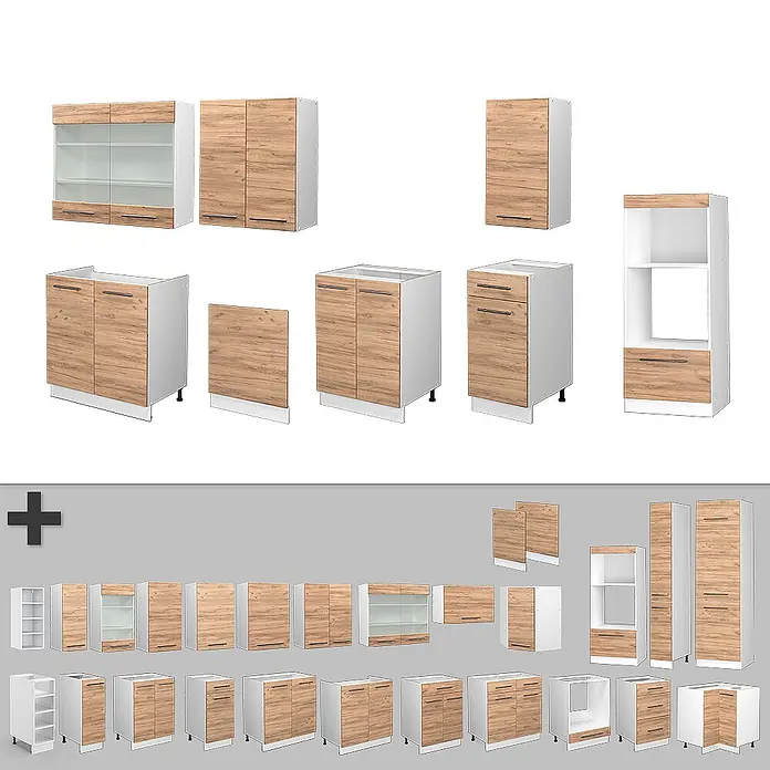 Vicco Küchenzeile Fame-Line Goldkraft Eiche/Weiß mit Hochschrank, AP Marmor - Breite: 300 cm, Goldkraft Eiche, Ohne Elektrogeräte - Set modularer Küchenschränke in Holzoptik und Weiß, inklusive Unter-, Wand- und Hochschränken.