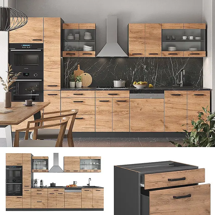 Vicco Küchenzeile R-Line Goldkraft Eiche/Anthrazit mit Hochschrank, ohne Arbeitsplatte - Breite: 350 cm, Goldkraft Eiche, Ohne Elektrogeräte - Moderne Küche mit Holzoptik-Fronten, schwarzen Arbeitsplatten und Einbaugeräten.