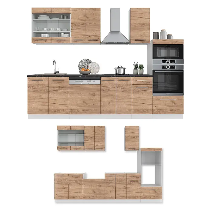Vicco Küchenzeile Fame-Line Goldkraft Eiche/Weiß mit Hochschrank, AP Marmor - Breite: 300 cm, Goldkraft Eiche, Ohne Elektrogeräte - Modulares Küchenschrank-Set in heller Holzoptik mit dunklen Arbeitsplatten und Einbaugeräten.