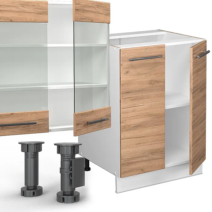 Vicco Küchenzeile Fame-Line Goldkraft Eiche/Weiß mit Hochschrank, AP Marmor - Breite: 300 cm, Goldkraft Eiche, Ohne Elektrogeräte - Modulare Küchenschränke in heller Holzoptik und Weiß, inklusive Vitrinen-Oberschränke, Unterschränke und verstellbare dunkelgraue Füße.