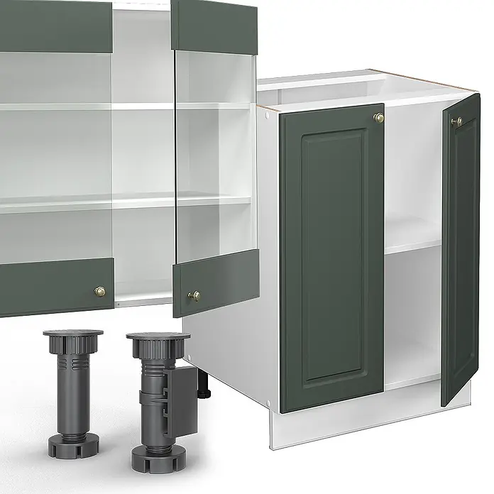 Vicco Küchenzeile Fame-Line, Grün-Gold Landhaus/Weiß, 300 cm -  - Dunkelgrüne und weiße Küchenschränke: ein Wandschrank mit Glastüren und ein Unterschrank mit Vollholztüren, plus verstellbare dunkelgraue Füße.