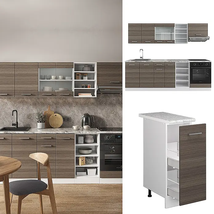 Vicco Küchenzeile R-Line Edelgrau/Weiß, AP Eiche - Breite: 240 cm, Edelgrau, Ohne Elektrogeräte - Modulare Küchenzeile mit braunen Holzmaserungsschränken, weißen Regalen und Marmoroptik-Arbeitsplatten, in einer kompletten Küche.