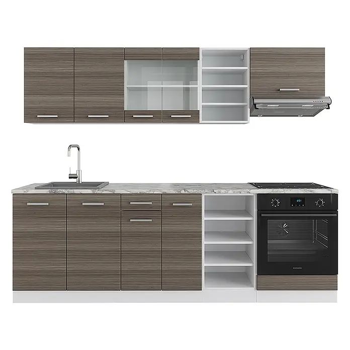 Vicco Küchenzeile R-Line Edelgrau/Weiß, AP Marmor - Breite: 240 cm, Edelgrau, Ohne Elektrogeräte - Moderne Küchenzeile mit dunklen Holzmaserungsschränken, weißer Marmorarbeitsplatte, integrierter Spüle, Kochfeld, Backofen und Dunstabzugshaube.