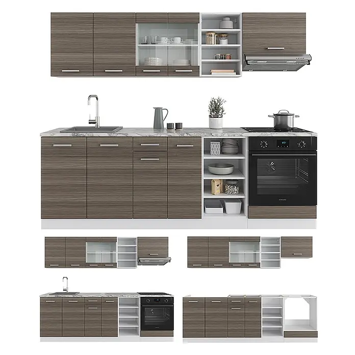 Vicco Küchenzeile R-Line Edelgrau/Weiß, AP Eiche - Breite: 240 cm, Edelgrau, Ohne Elektrogeräte - Modulare Küche mit dunklen Holzmaserungsschränken, weißer Arbeitsplatte, Spüle, Kochfeld, Backofen, offenen Fächern und Glasfrontschränken.