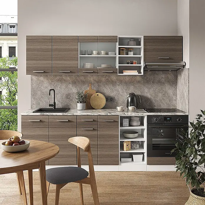 Vicco Küchenzeile R-Line Edelgrau/Weiß, AP Eiche - Breite: 240 cm, Edelgrau, Ohne Elektrogeräte - Moderne Küche mit braunen Holzmaserungsschränken und Marmor-Arbeitsplatte, mit integrierten Geräten und offenen Regalen.