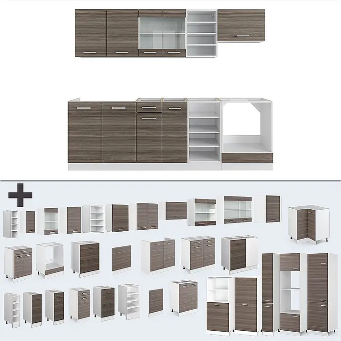 Vicco Küchenzeile R-Line Edelgrau/Weiß, AP Eiche - Breite: 240 cm, Edelgrau, Ohne Elektrogeräte - Zweifarbiges Küchenschrank-Set in Braunholzoptik und Weiß, mit verschiedenen Modulen wie Regalen, Schubladen und Glastüren.