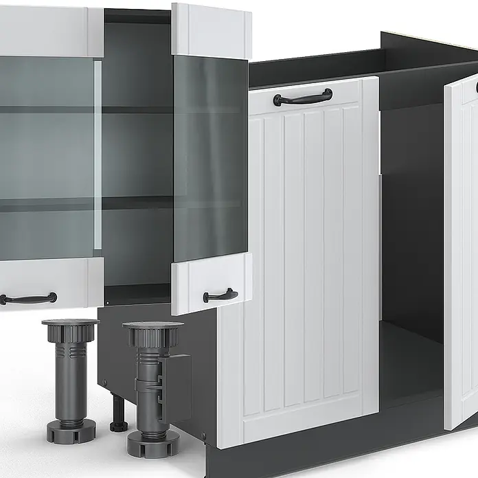 Vicco Küchenzeile Fame-Line Weiß Landhaus/Anthrazit, AP Eiche - Weiß Landhaus, Ohne Elektrogeräte - Weiße modulare Küchenschränke mit Glas- und Vollholztüren, dunkelgrauen Rahmen, schwarzen Griffen und verstellbaren Füßen.