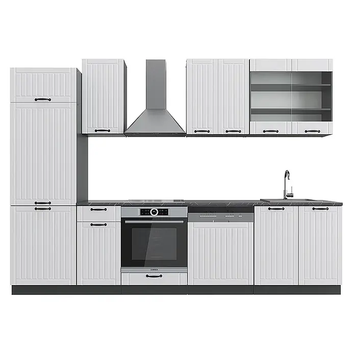 Vicco Küchenzeile Fame-Line Weiß Landhaus/Anthrazit, AP Anthrazit - Breite: 300 cm, Weiß Landhaus, Ohne Elektrogeräte - Weiße modulare Küche mit Kassettentüren, dunkler Arbeitsplatte, integriertem Backofen, Kochfeld, Geschirrspüler, Spüle und Dunstabzugshaube.