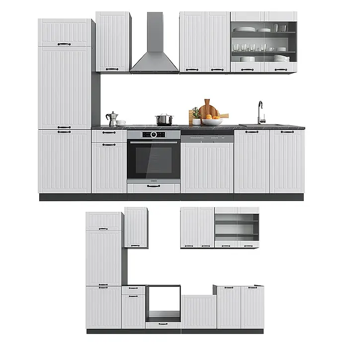 Vicco Küchenzeile Fame-Line Weiß Landhaus/Anthrazit, AP Eiche - Weiß Landhaus, Ohne Elektrogeräte - Weiße Küchenschränke mit schwarzen Griffen, dunkler Arbeitsplatte und integrierten Geräten.