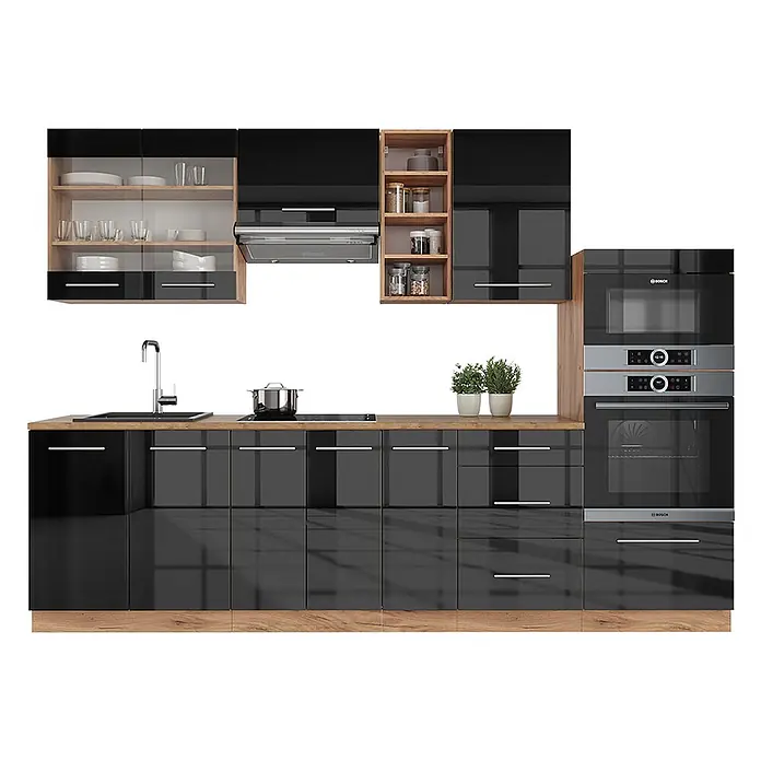 Vicco Küchenzeile Fame-Line Anthrazit Hochglanz/Goldkraft Eiche ohne Arbeitsplatte - Anthrazit Hochglanz, Ohne Elektrogeräte - Moderne schwarze Hochglanzküche mit Holzelementen, Spüle, Kochfeld, Backofen und Mikrowelle.