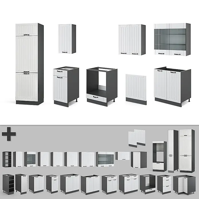 Vicco Küchenzeile Fame-Line Weiß Landhaus/Anthrazit, AP Eiche - Breite: 300 cm, Weiß Landhaus, Ohne Elektrogeräte - Modulare Küchenschränke in Weiß mit Lamellentüren und dunkelgrauen Korpi, als Hochschränke, Ober- und Unterschränke, teils mit Schubladen oder Glastüren.