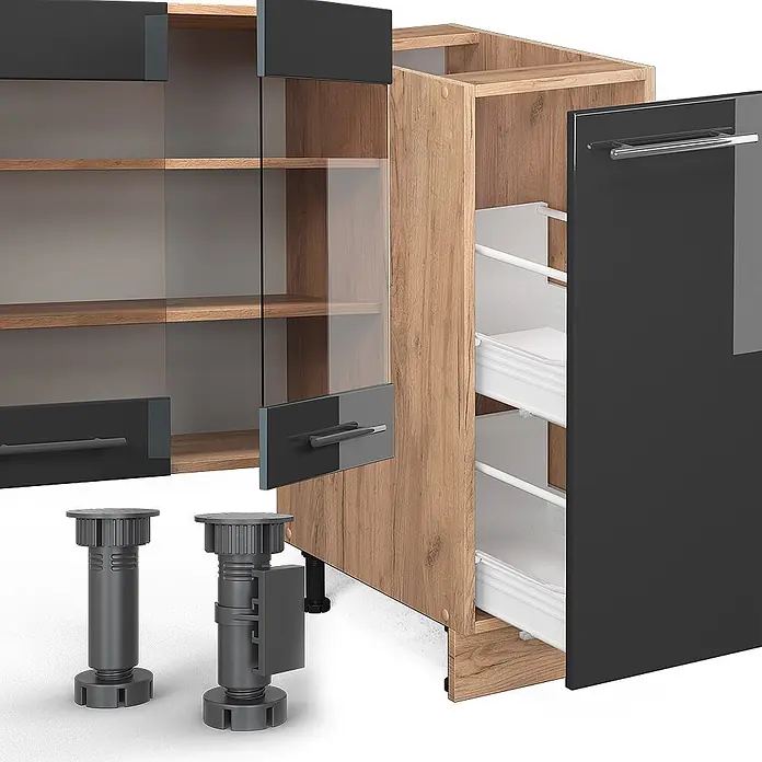 Vicco Küchenzeile Fame-Line Anthrazit Hochglanz/Goldkraft Eiche ohne Arbeitsplatte - Anthrazit Hochglanz, Ohne Elektrogeräte - Modulare Küchenschrankelemente: ein Wandschrank mit Glastüren, ein Unterschrank mit Schubladen und verstellbare Füße in Dunkelgrau und Holzoptik.
