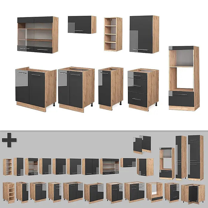 Vicco Küchenzeile Fame-Line Anthrazit Hochglanz/Goldkraft Eiche, AP Marmor - Breite: 280 cm, Anthrazit Hochglanz, Ohne Elektrogeräte - Modulares Küchenschrank-Set mit dunkelgrauen Türen und heller Holzoptik, inklusive Ober-, Unter- und Hochschränken.