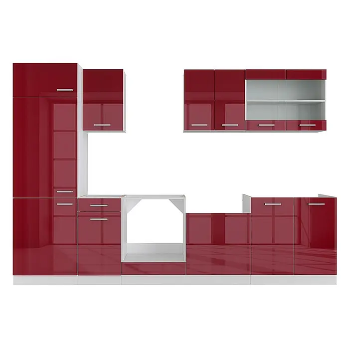 Vicco Küchenzeile R-Line Rot Hochglanz/Weiß ohne Arbeitsplatte - Breite: 300 cm, Rot Hochglanz, Ohne Elektrogeräte - Modulares Küchenschrank-Set in Hochglanzrot mit Wand-, Hochschränken, Unterschränken, offenen Regalen und Platz für Geräte.