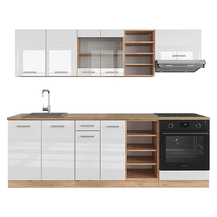 Vicco Küchenzeile R-Line Weiß Hochglanz/Goldkraft Eiche, AP Eiche - Breite: 240 cm, Weiß Hochglanz, Ohne Elektrogeräte - Weiße Hochglanz-Küchenzeile mit Arbeitsplatte in Holzoptik, Spüle, Kochfeld, Backofen, Dunstabzugshaube und offenen Regalen.