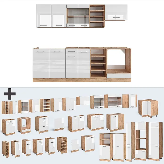 Vicco Küchenzeile R-Line Weiß Hochglanz/Goldkraft Eiche, AP Eiche - Breite: 240 cm, Weiß Hochglanz, Ohne Elektrogeräte - Weiße Hochglanz-Küchenzeile mit hellen Holz-Akzenten, bestehend aus modularen Ober- und Unterschränken mit Schubladen, Glastüren und offenen Regalen.