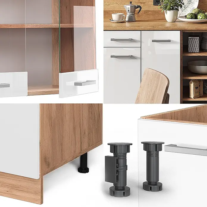 Vicco Küchenzeile R-Line Weiß Hochglanz/Goldkraft Eiche, AP Eiche - Breite: 240 cm, Weiß Hochglanz, Ohne Elektrogeräte - Modulare Küchenschränke in Weiß und Holzoptik mit verstellbaren schwarzen Kunststofffüßen.