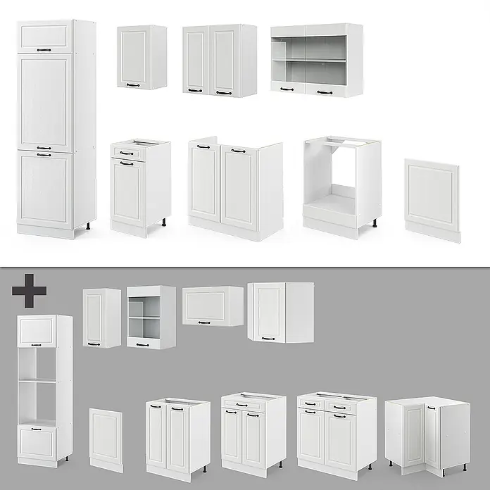Vicco Küchenzeile R-Line Weiß Landhaus/Weiß, AP Eiche - Breite: 300 cm, Weiß Landhaus, Ohne Elektrogeräte - Eine Auswahl weißer Küchenschränke, darunter Hochschränke, Oberschränke und Unterschränke mit dunklen Griffen.