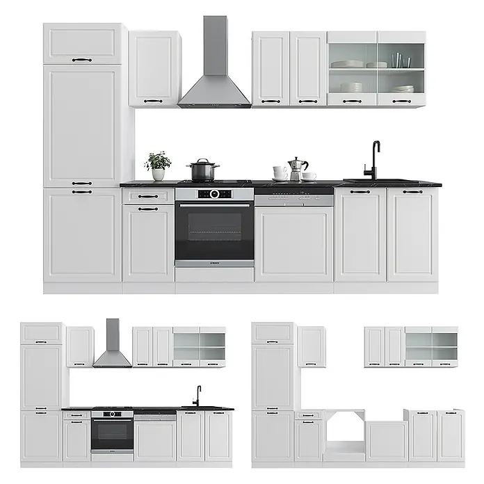 Vicco Küchenzeile R-Line Weiß Landhaus/Weiß, AP Anthrazit - Breite: 300 cm, Weiß Landhaus, Ohne Elektrogeräte - Weiße modulare Küche mit integrierten Geräten, schwarzer Arbeitsplatte und Spüle.