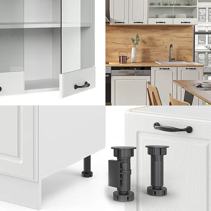 Vicco Küchenzeile R-Line Weiß Landhaus/Weiß, AP Eiche - Breite: 300 cm, Weiß Landhaus, Ohne Elektrogeräte - Weiße Küchenschränke mit schwarzen Griffen, Glasfronten, Schubladen und schwarzen verstellbaren Möbelfüßen.