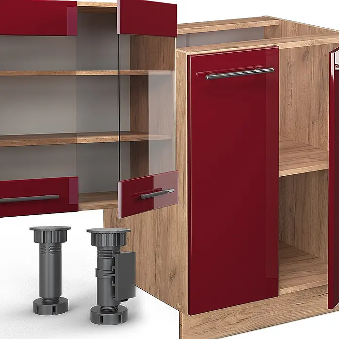 Vicco Küchenzeile Fame-Line Bordeaux Hochglanz mit Hochschrank, AP Anthrazit - Bordeaux Hochglanz, Ohne Elektrogeräte - Modulares Küchenmöbel mit roten Hochglanztüren, Holzoptikrahmen, Chromgriffen und verstellbaren dunkelgrauen Füßen.