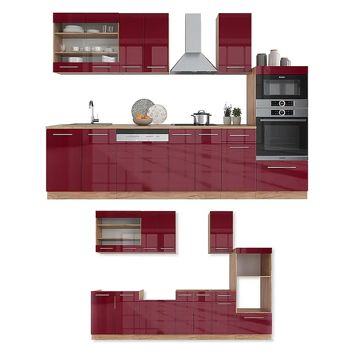 Vicco Küchenzeile Fame-Line Bordeaux Hochglanz mit Hochschrank, AP Anthrazit - Bordeaux Hochglanz, Ohne Elektrogeräte - Modernes Modulküchenset mit hochglänzenden weinroten Schränken, hellen Holzdetails und integrierten Geräten.