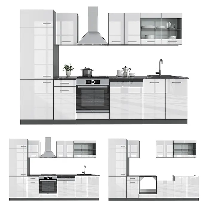 Vicco Küchenzeile R-Line Weiß Hochglanz/Anthrazit, AP Eiche - Breite: 300 cm, Weiß Hochglanz, Ohne Elektrogeräte - Moderne weiße Hochglanz-Modulküche mit dunkler Arbeitsplatte, integrierten Geräten und verschiedenen Schrankkonfigurationen.