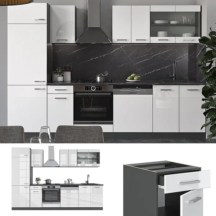 Vicco Küchenzeile R-Line Weiß Hochglanz/Anthrazit, AP Eiche - Breite: 300 cm, Weiß Hochglanz, Ohne Elektrogeräte - Moderne weiße Hochglanzküche mit integrierten Geräten. Besteht aus Unter-, Ober- und Hochschränken.