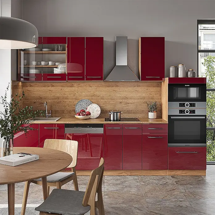 Vicco Küchenzeile Fame-Line Bordeaux Hochglanz mit Hochschrank, AP Anthrazit - Bordeaux Hochglanz, Ohne Elektrogeräte - Moderne Küche mit glänzend roten Schränken, Arbeitsplatte in Holzoptik und integrierten Geräten.