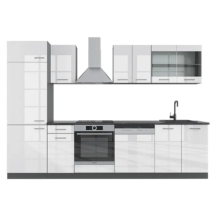 Vicco Küchenzeile R-Line Weiß Hochglanz/Anthrazit ohne Arbeitsplatte - Breite: 300 cm, Weiß Hochglanz, Ohne Elektrogeräte - Moderne weiße Hochglanzküche mit integriertem Backofen, Kochfeld, Geschirrspüler, Spüle und einer Edelstahl-Dunstabzugshaube.