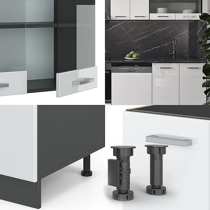 Vicco Küchenzeile R-Line Weiß Hochglanz/Anthrazit, AP Eiche - Breite: 300 cm, Weiß Hochglanz, Ohne Elektrogeräte - Moderne Küchenmöbel in Weiß und Schwarz mit Glasvitrinen, verstellbaren Füßen und modernen Griffen.