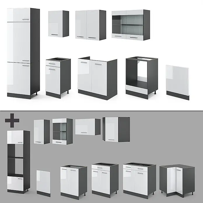 Vicco Küchenzeile R-Line Weiß Hochglanz/Anthrazit, AP Eiche - Breite: 300 cm, Weiß Hochglanz, Ohne Elektrogeräte - Modulare Küchenschränke mit weißen Türen und dunkelgrauen Rahmen.