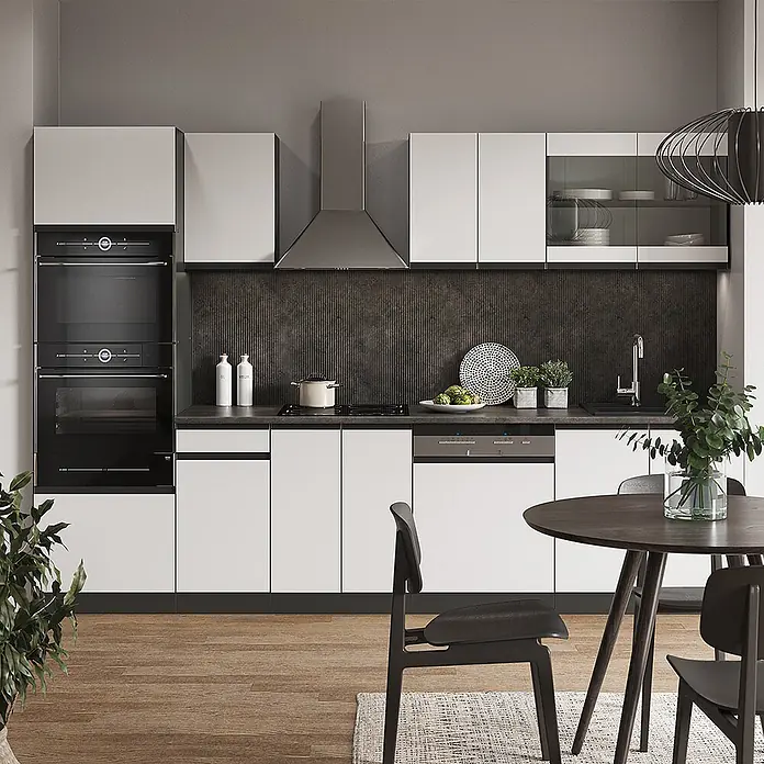 Vicco Küchenzeile R-Line Weiß/Anthrazit J-Shape, mit Hochschrank, ohne Arbeitsplatte - Breite: 300 cm, Weiß, Ohne Elektrogeräte - Moderne weiß-dunkle Küche mit Einbauöfen, Kochfeld, Spüle, Geschirrspüler und Dunstabzugshaube. Inklusive dunklem Esstisch.