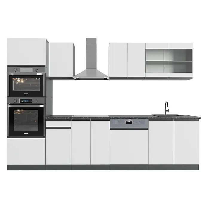 Vicco Küchenzeile R-Line Weiß/Anthrazit J-Shape, mit Hochschrank, ohne Arbeitsplatte - Breite: 300 cm, Weiß, Ohne Elektrogeräte - Modernes weißes Küchenset mit integrierten grauen Öfen, Geschirrspüler, Dunstabzugshaube und dunkler gesprenkelter Arbeitsplatte mit Spüle und Kochfeld.