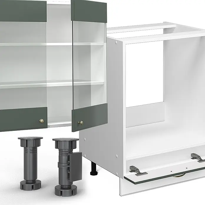 Vicco Küchenzeile Fame-Line, Grün-Gold Landhaus/Weiß, 300 cm -  - Weiße Küchenschrankteile: ein Oberschrank mit Glastüren und dunkelgrünen Paneelen, ein Unterschrankrahmen und zwei verstellbare graue Füße.