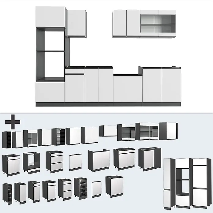 Vicco Küchenzeile R-Line Weiß/Anthrazit J-Shape, mit Hochschrank, ohne Arbeitsplatte - Breite: 300 cm, Weiß, Ohne Elektrogeräte - Modulare Küchenschränke in Weiß und Dunkelgrau, mit verschiedenen Unter-, Ober- und Hochschränken zur individuellen Montage.