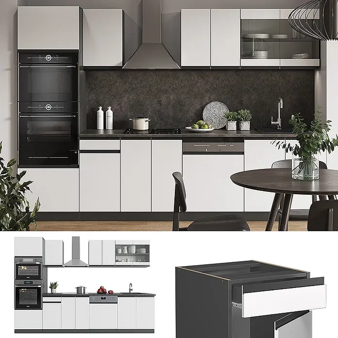 Vicco Küchenzeile R-Line Weiß/Anthrazit J-Shape, mit Hochschrank, ohne Arbeitsplatte - Breite: 300 cm, Weiß, Ohne Elektrogeräte - Moderne weiße grifflose Küche mit integrierten Geräten und dunkler Arbeitsplatte.